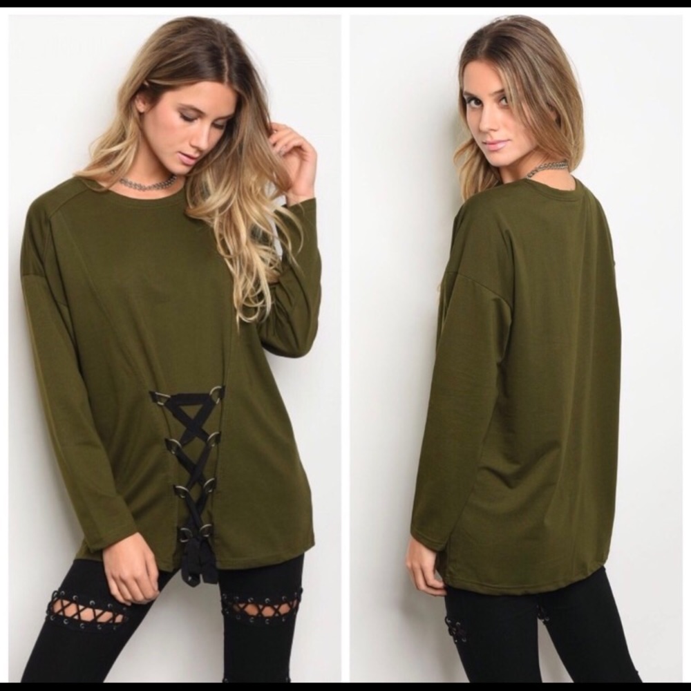 Olive Lace Up Loose Fit Top. SO CUTE